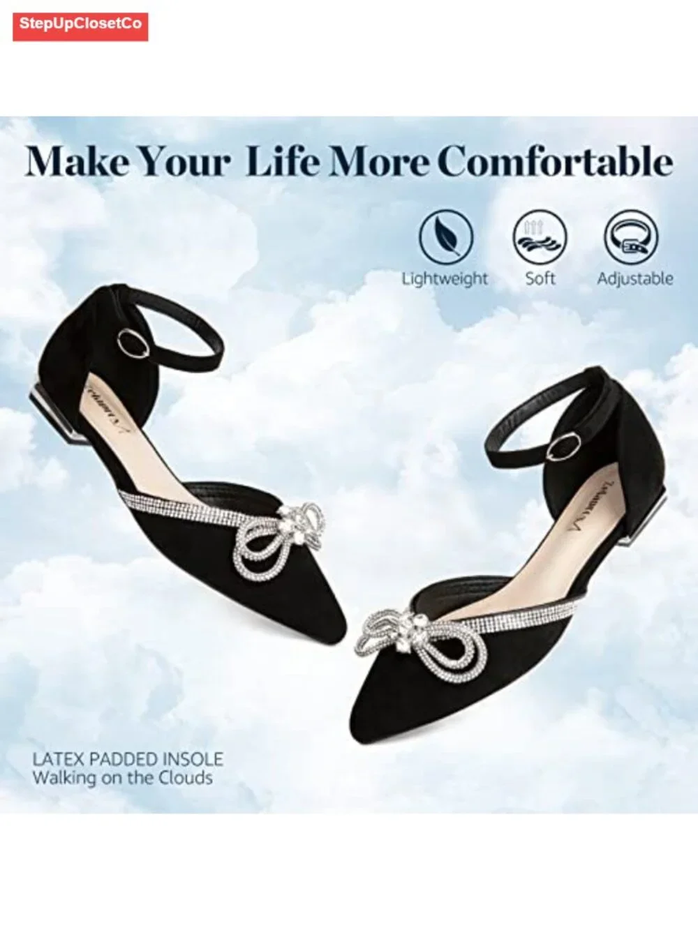Pointed Toe Rhinestone Bow Flats with Ankle Strap - Dressy